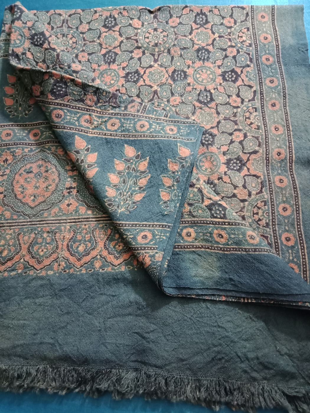 Ajrakh textile in teal and coral