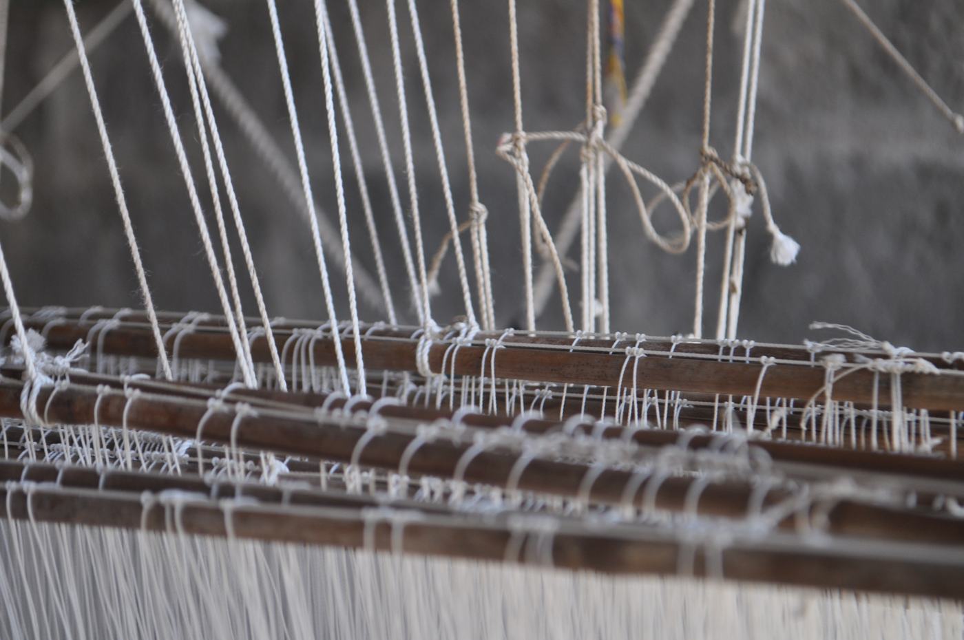 Close-up of cotton warp threads and heddles on a Kutch handloom
